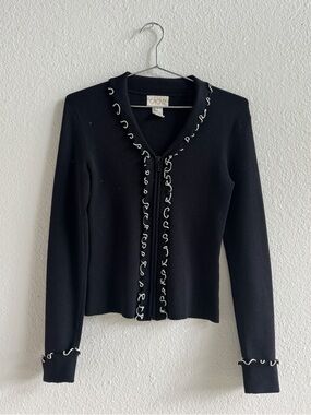 CACHE Vintage Ribbed Cardigan with White Loop Trim SZ M